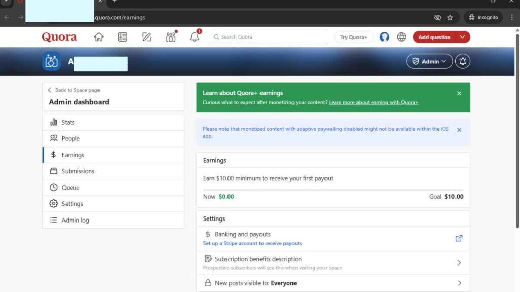 Quora बैंक अकाउंट setup